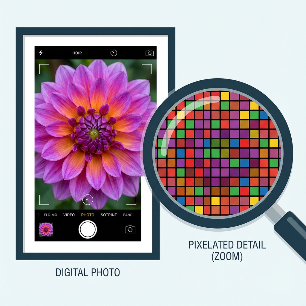 Zooming in on a flower to reveal pixel grid